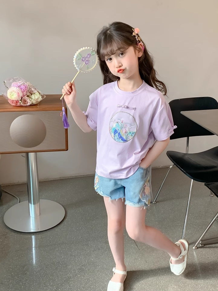Girls Floral Embroidered Denim Shorts Korean Style Casual Summer