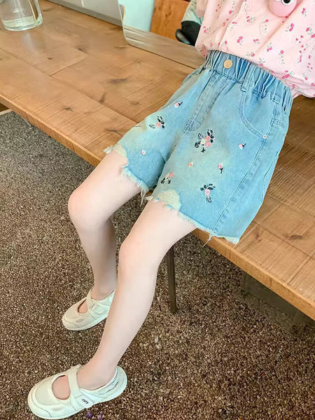 Red girls denim shorts for summer casual wear with comfortable relaxed fit
