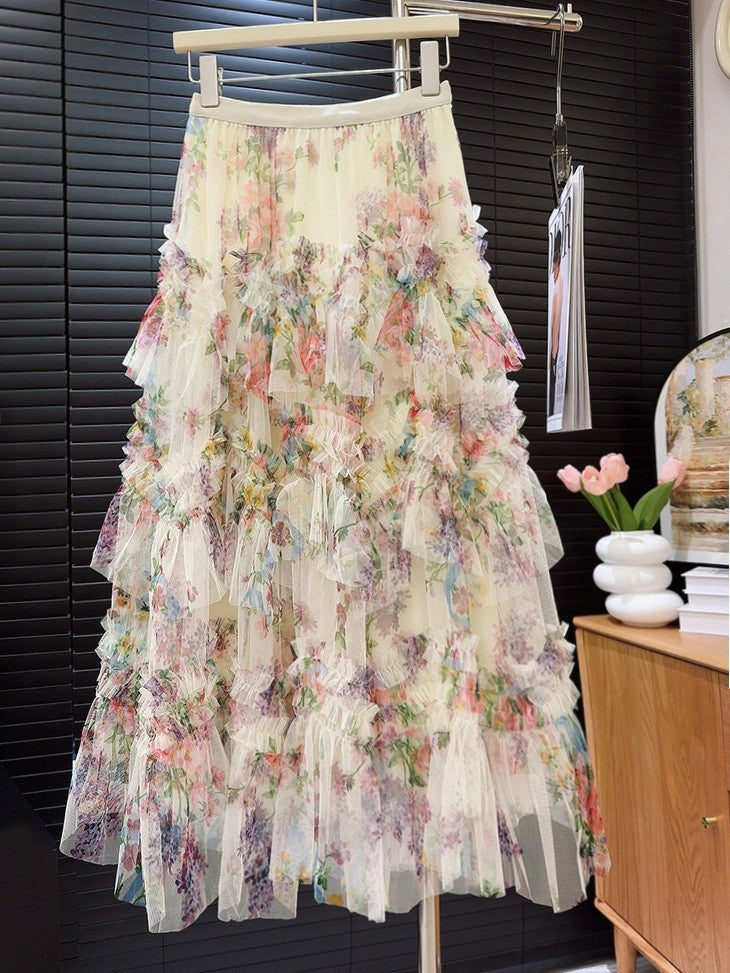 Apricot floral printed mesh tiered maxi skirt with spliced detail