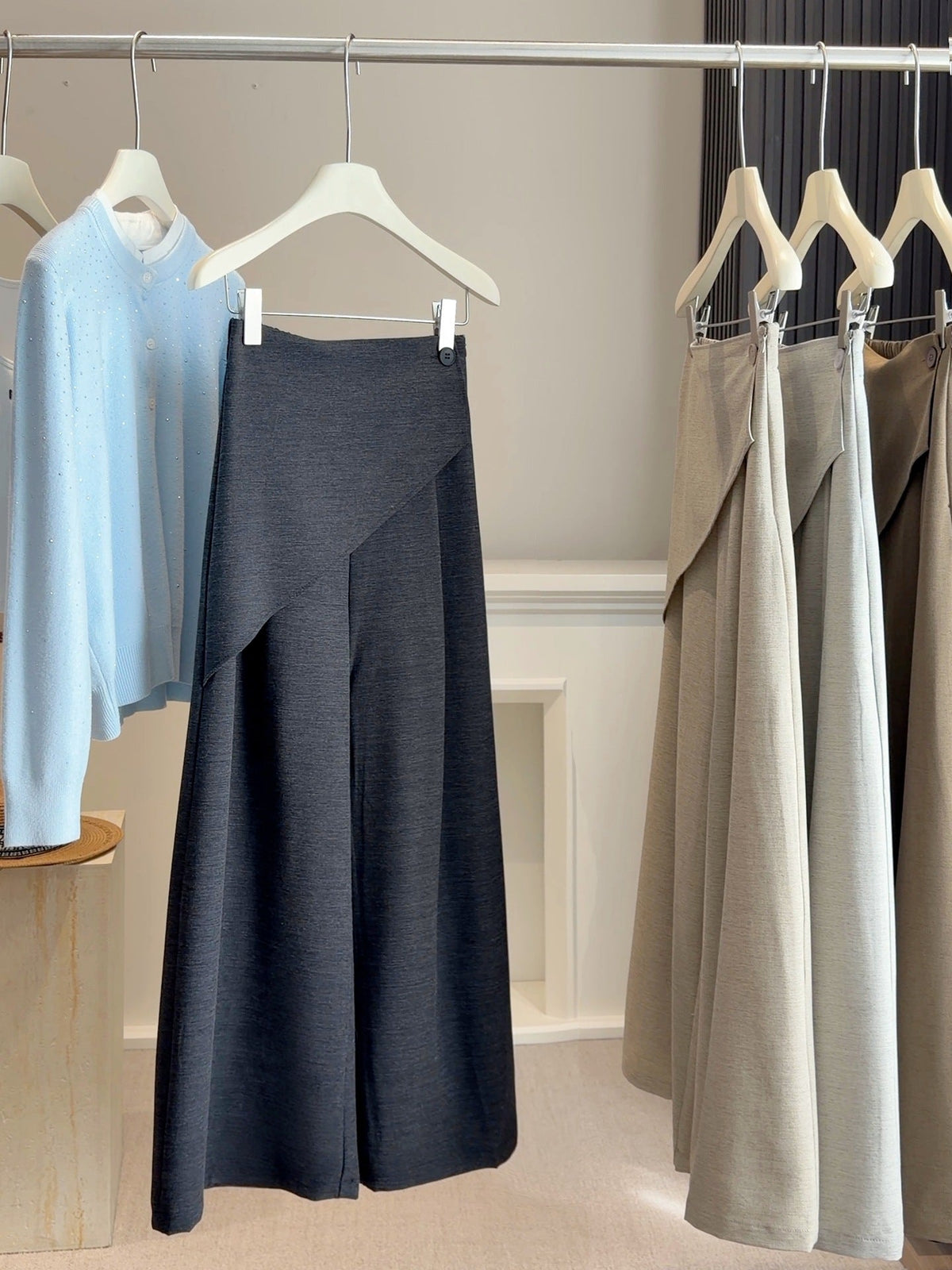Light gray high-waisted irregular faux two-piece wide-leg trousers