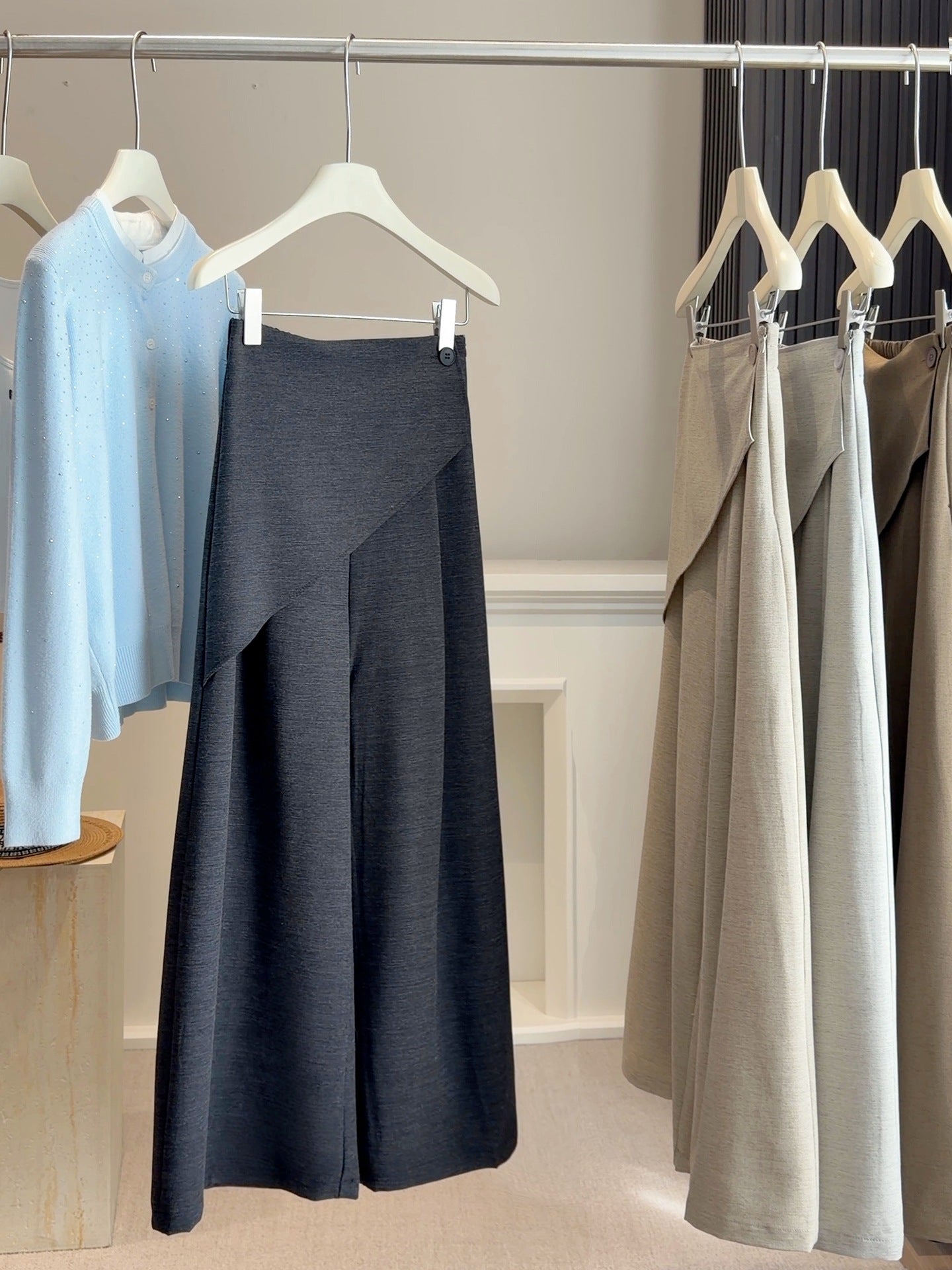 Light gray high-waisted irregular faux two-piece wide-leg trousers