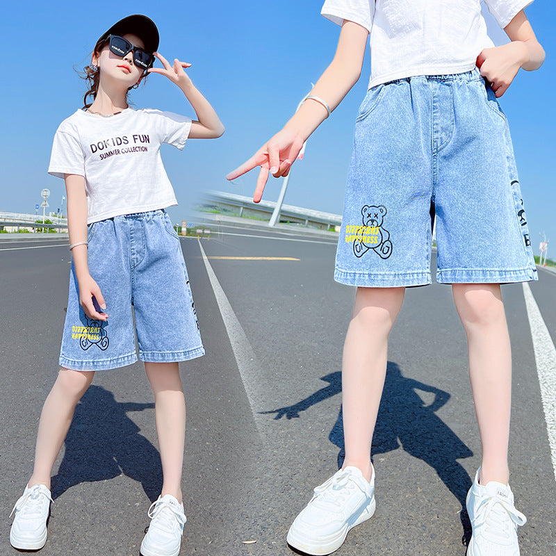Girls Loose Fit Denim Mid Pants Summer Casual Cartoon Printed