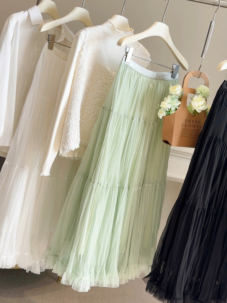 High-Waisted Ruffled Mesh A-Line Maxi Skirt