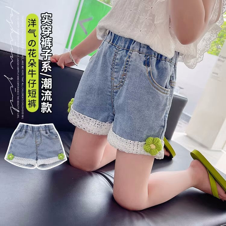 Girls Lace Denim Shorts Summer Casual Soft Cotton Trendy Fit