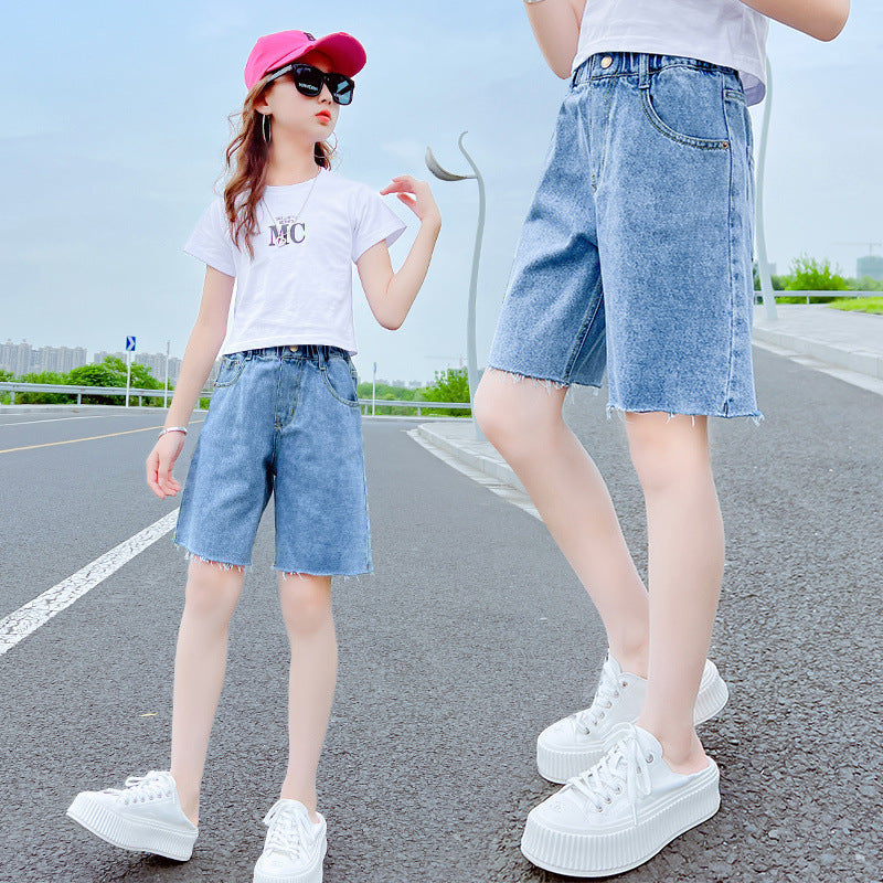 Girls Loose Fit Denim Mid Pants Casual Cartoon Printed Summer