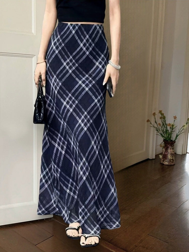 Blue grid retro plaid fishtail maxi skirt with light gauze texture