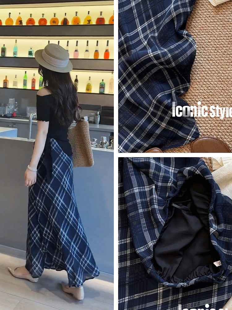 Retro Plaid Fishtail Maxi Skirt with Light Gauze Texture