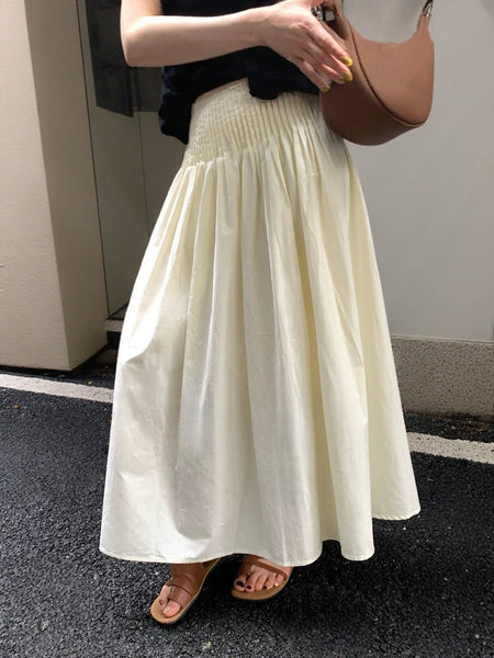Apricot waist-cinching pleated a-line mid-length umbrella skirt