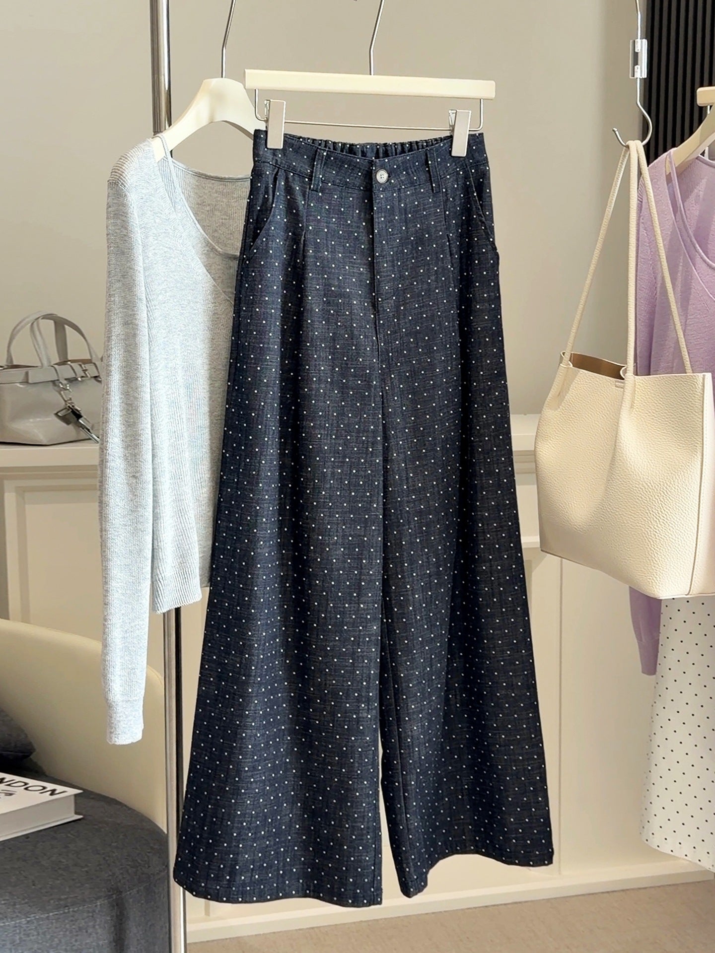 White high-waisted polka dot wide-leg drape trousers