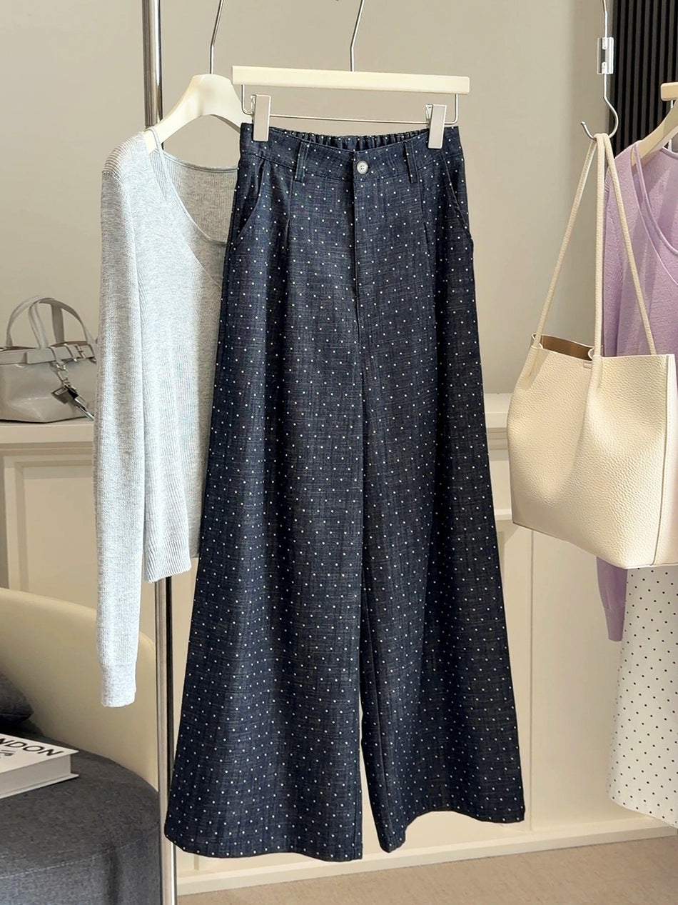 White high-waisted polka dot wide-leg drape trousers