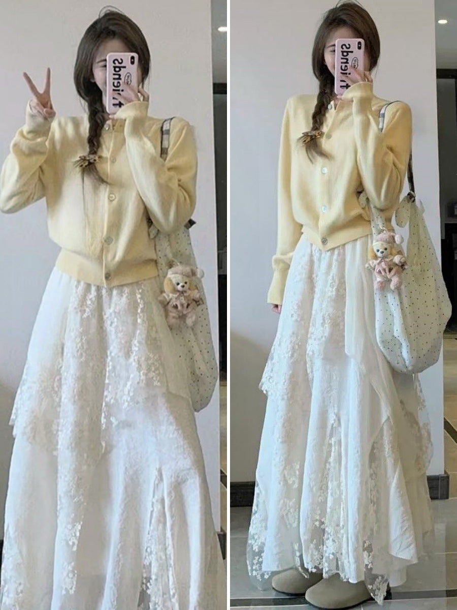 Heavy Industry Lace and Mesh High-Waisted A-Line Maxi Skirt