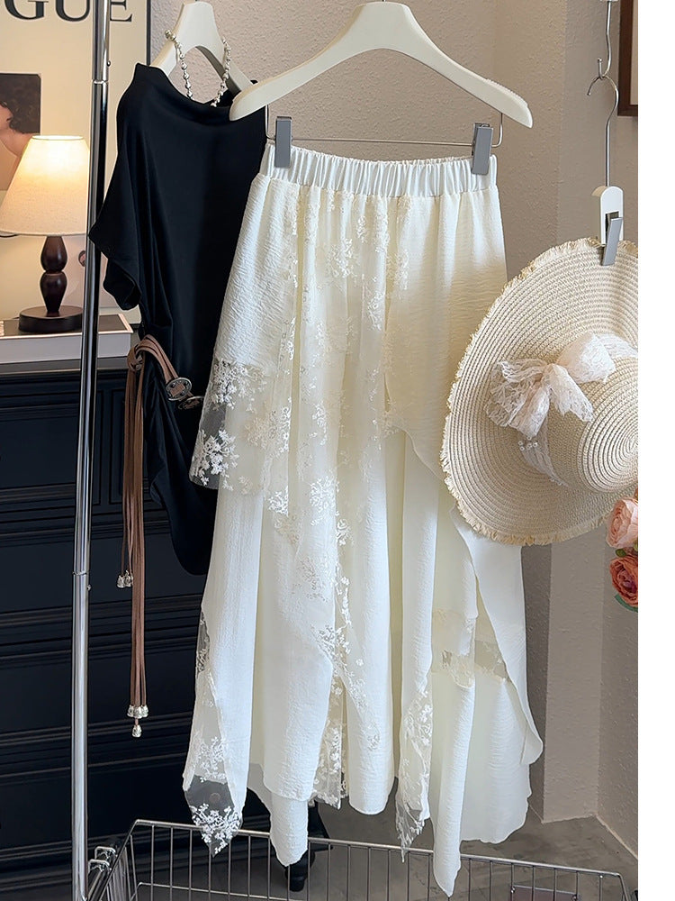 Apricot heavy industry lace and mesh high-waisted a-line maxi skirt