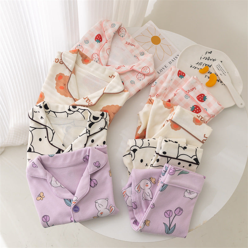 Kids Cotton Lapel Pajama Set Cartoon Printed Korean Style
