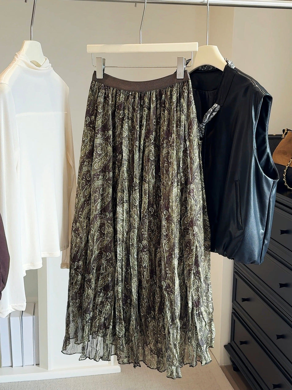 Cashew nuts high-waisted pleated floral midi skirt with elegant drape