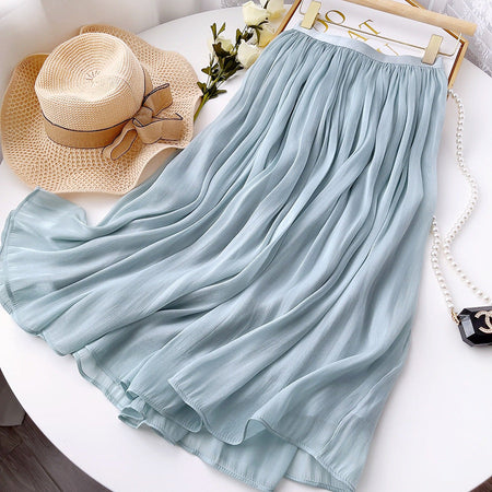 White mercerized organza a-line midi skirt with elegant drape