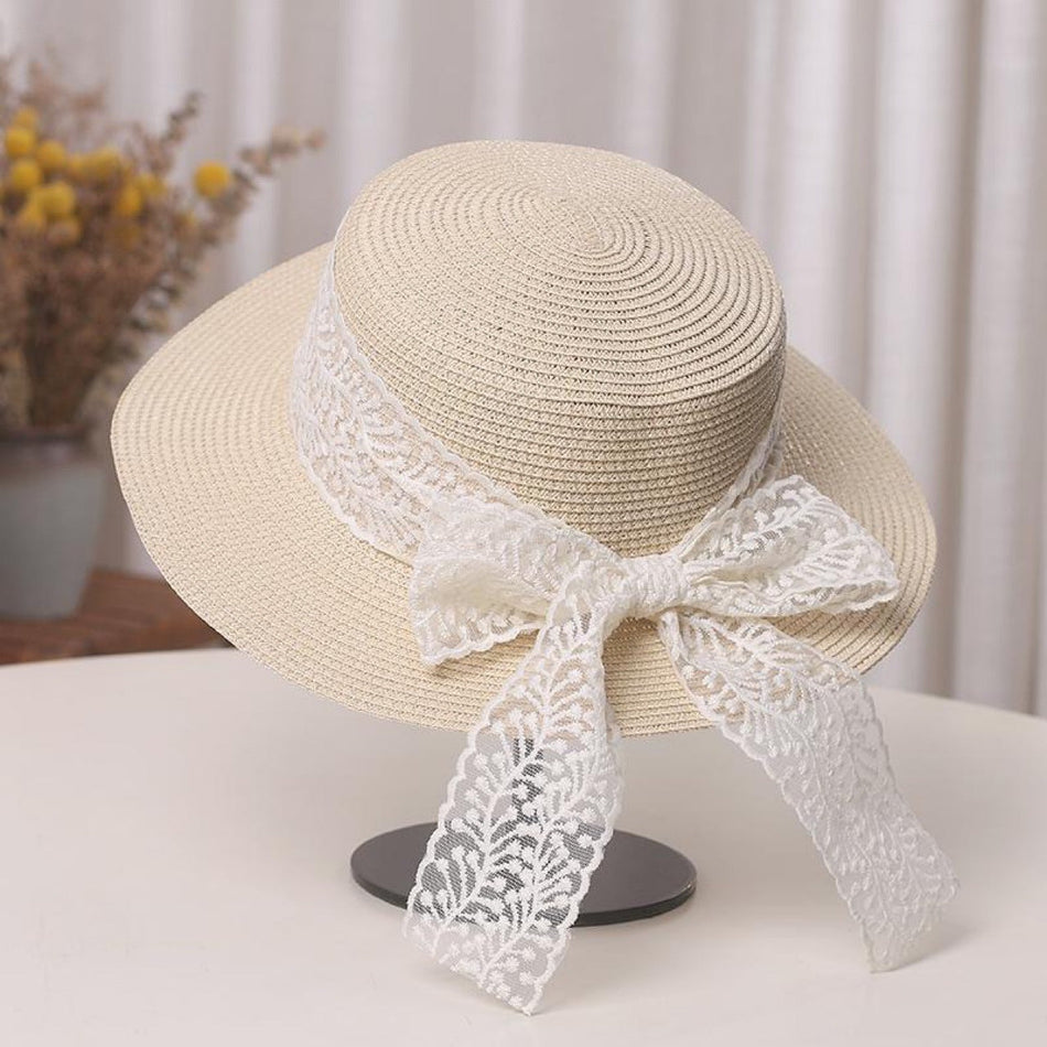 Parent Child Straw Sun Hat Lace Bow Elegant Summer Cap