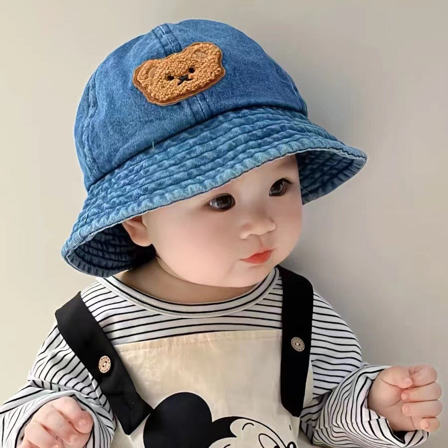 Baby Denim Bucket Hat Cartoon Bear Sun Protection Fisherman Cap