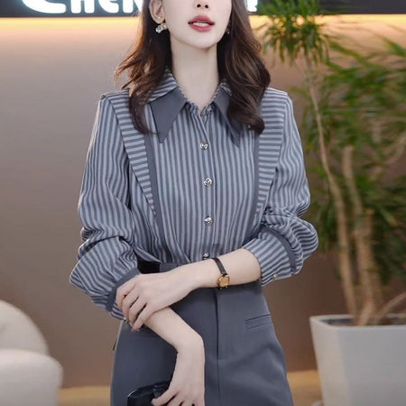 Gray precision striped long-sleeve shirt in sculpted tailoring