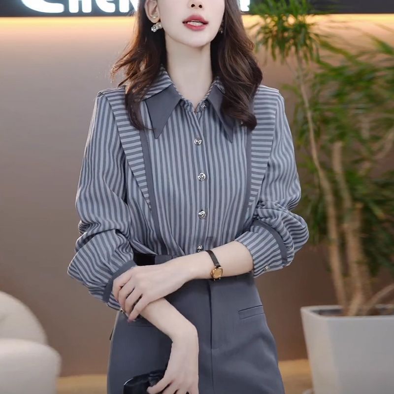Gray precision striped long-sleeve shirt in sculpted tailoring