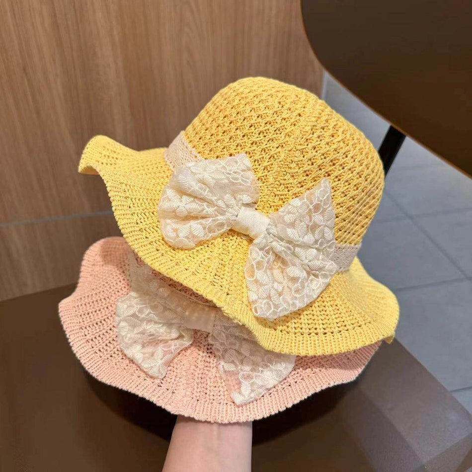 Kids Straw Sun Hat Lace Bow Breathable Summer Beach Cap