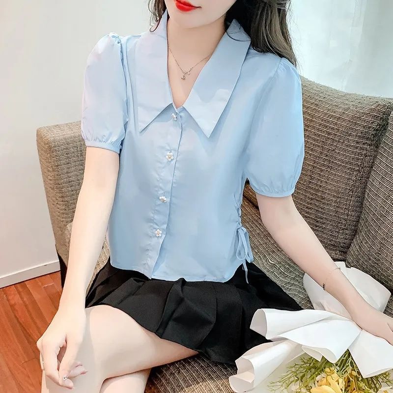 Yellow doll collar puff sleeve chiffon blouse in sculpted silk-touch