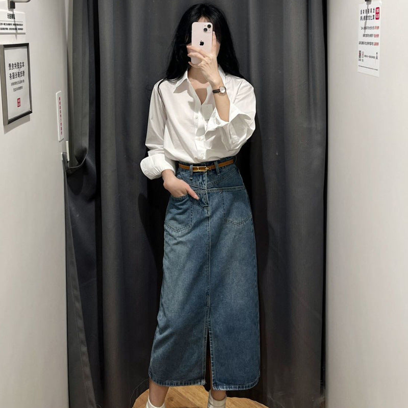 Sculpted Long-Sleeve Minimalist Blouse in Pristine White