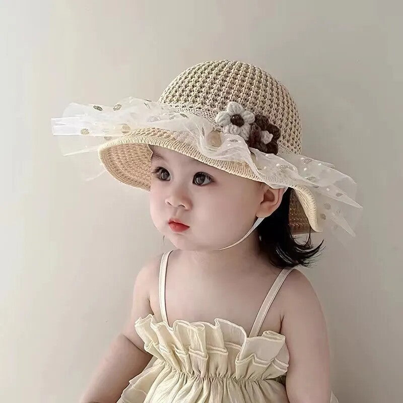 Girls Floral Sun Hat Sequined Straw Style Breathable Summer Cap