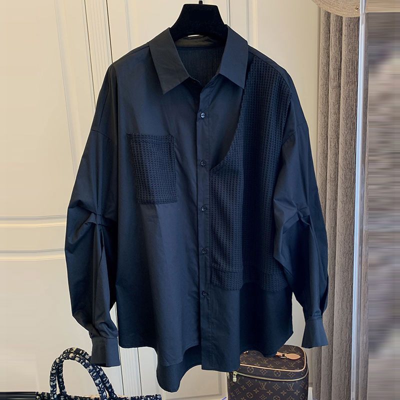 Spliced Waffle Knit Mock-Layered Shirt in Relaxed Silhouette