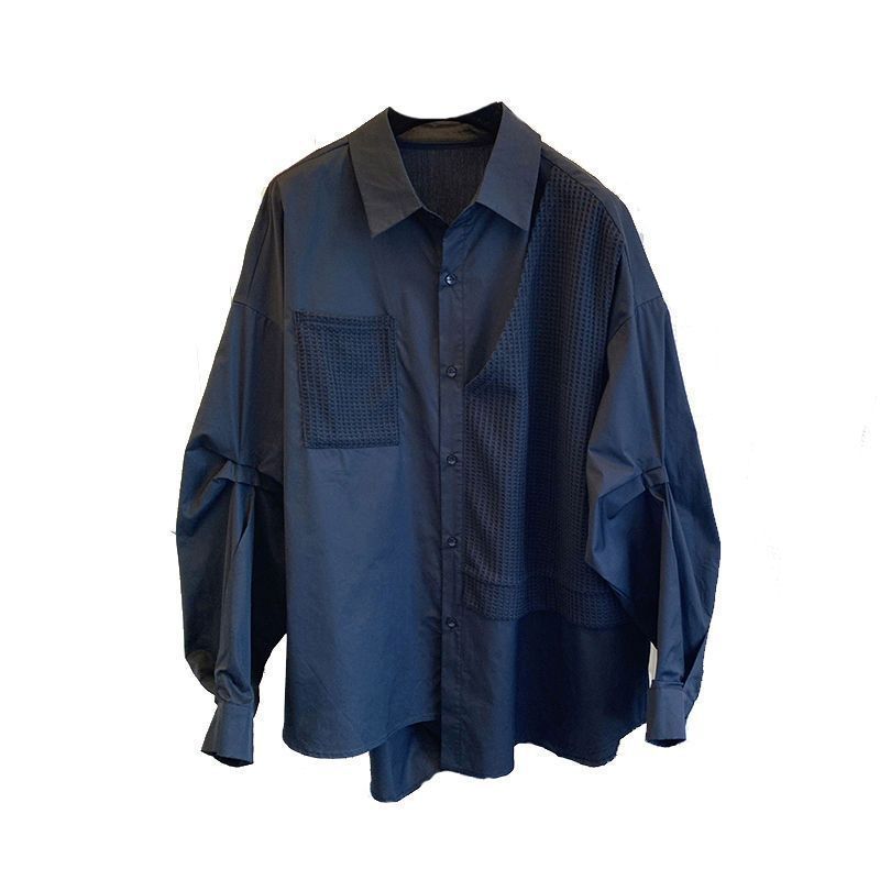 White spliced waffle knit mock-layered shirt in relaxed silhouette