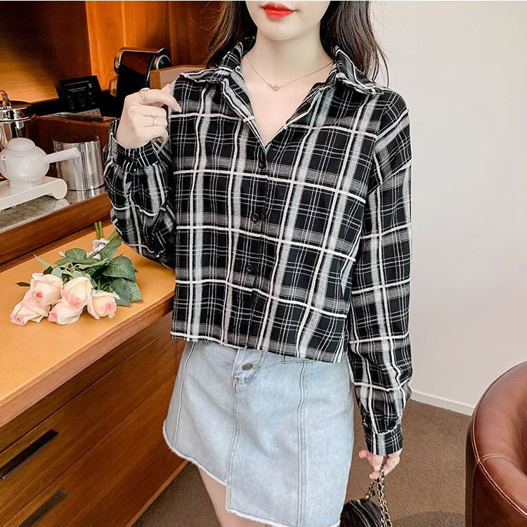 Picture color retro plaid cropped shirt in lightweight sun-shielding weave