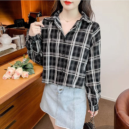 Picture color retro plaid cropped shirt in lightweight sun-shielding weave