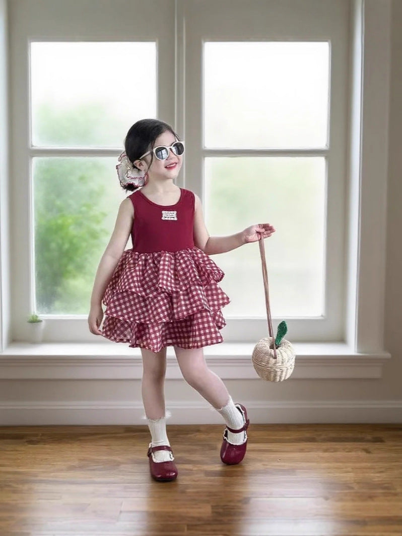Girls Red suspender cake princess dress in Western style for summer