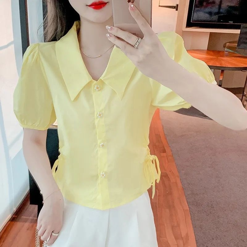 Yellow women’s elegant doll collar puff sleeve chiffon blouse
