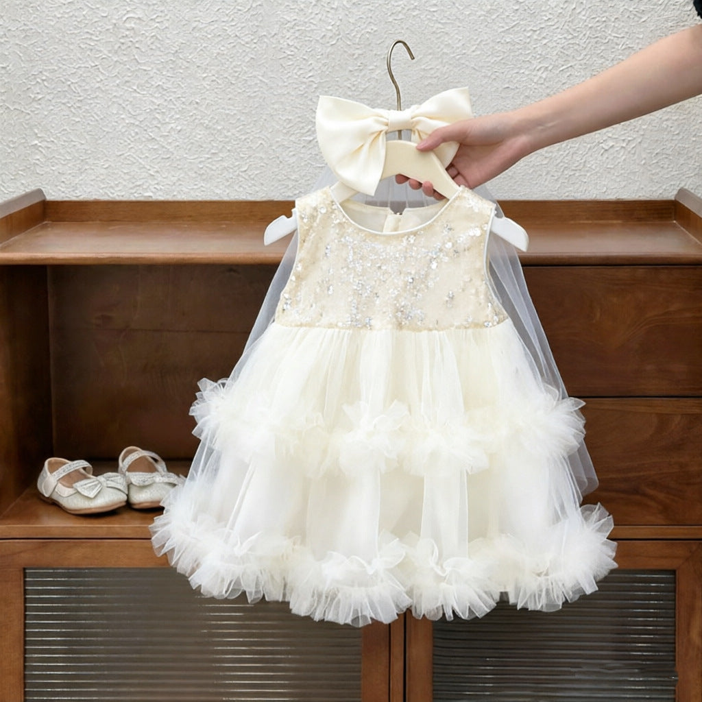Girls polka dot chiffon princess cake dress in long summer silhouette