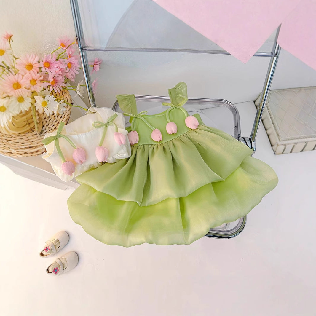 Girls tie-dye long princess beach dress with ink painting effect for summer