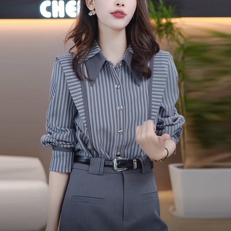 Gray women’s slimming striped long sleeve high-end spring blouse