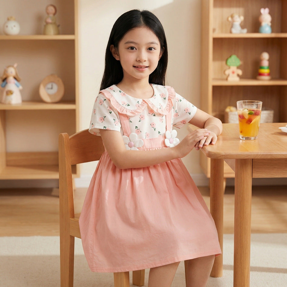 Girls Floral A-Line Dress Cotton Summer Short Sleeve Cute Skirt