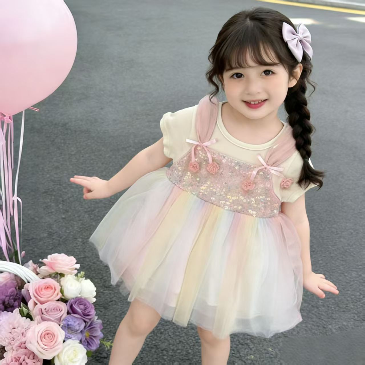 Purple girls mesh princess summer dress with pink sunflower print and puffy skirt