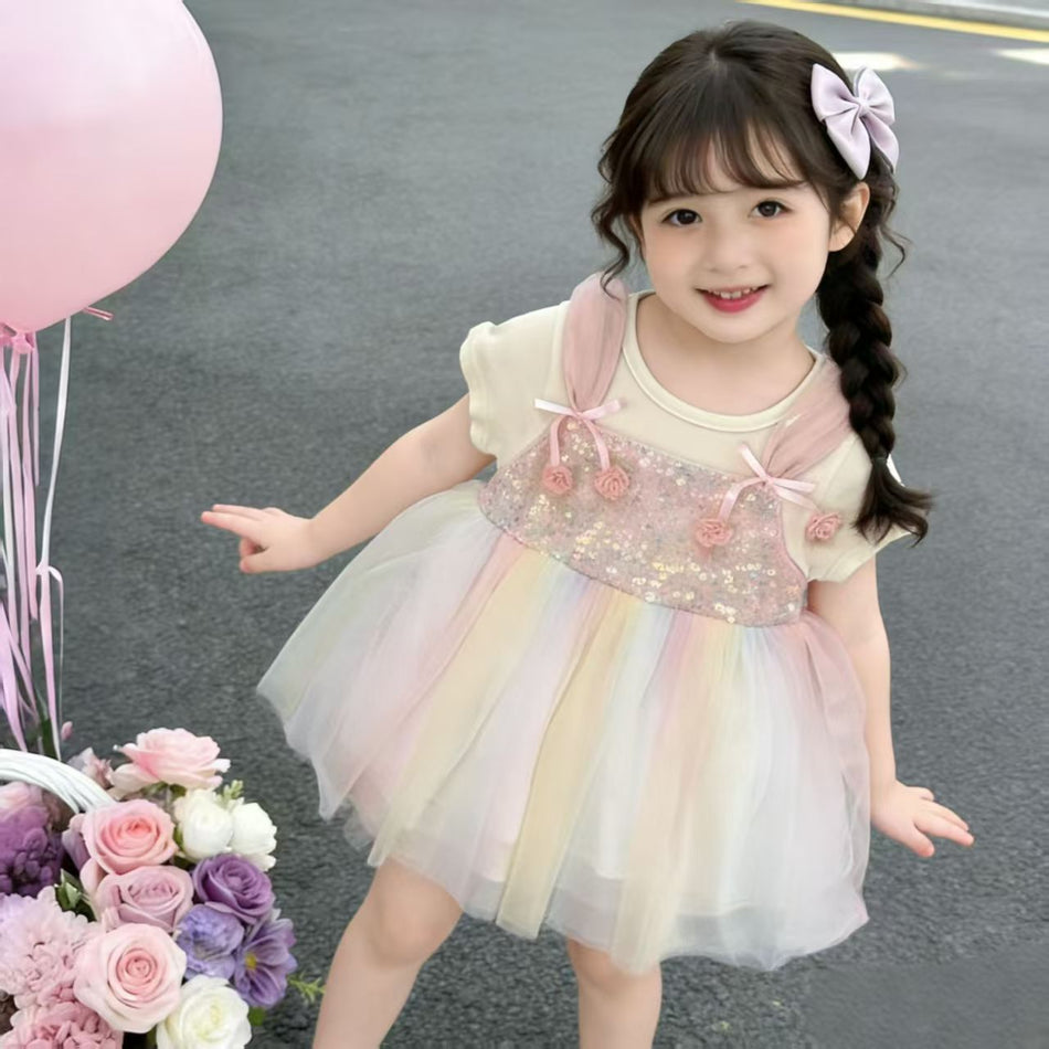 Purple girls mesh princess summer dress with pink sunflower print and puffy skirt