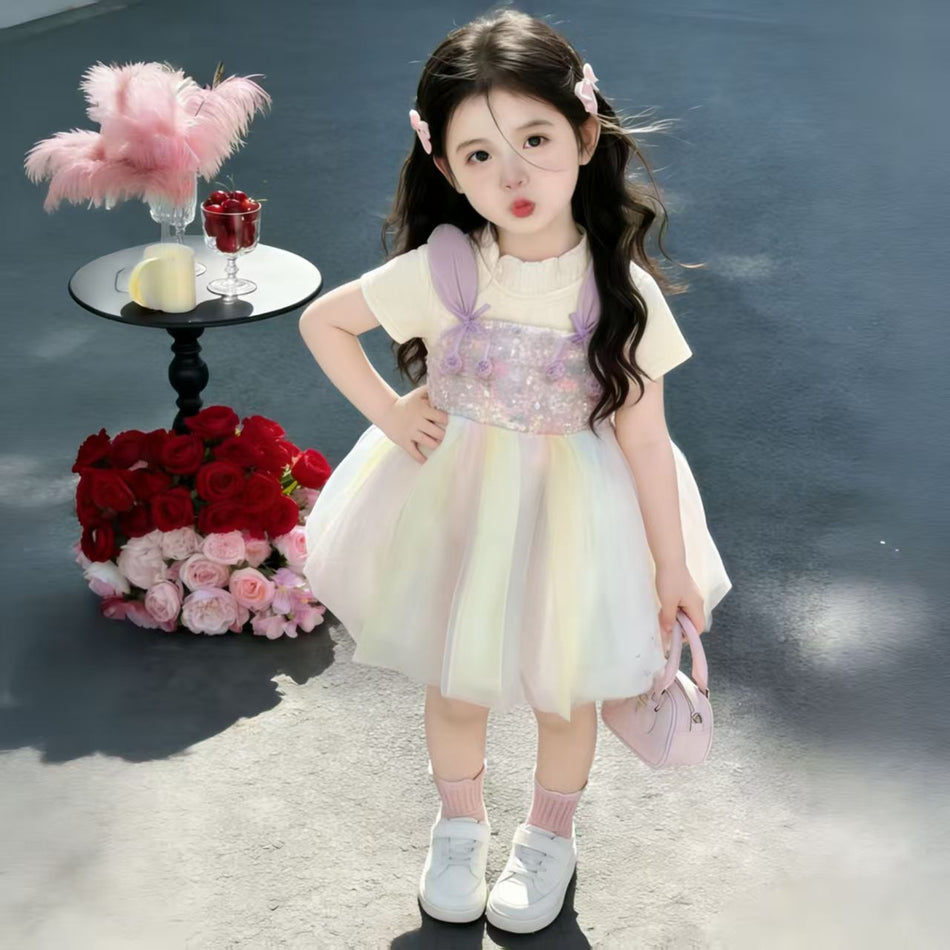 Girls Rainbow Mesh Princess Dress Cotton Blend A-Line Skirt
