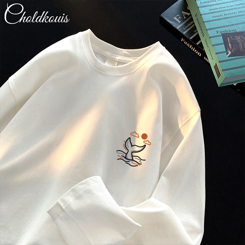 Men's white long sleeve T-shirt - loose fit round neck casual top