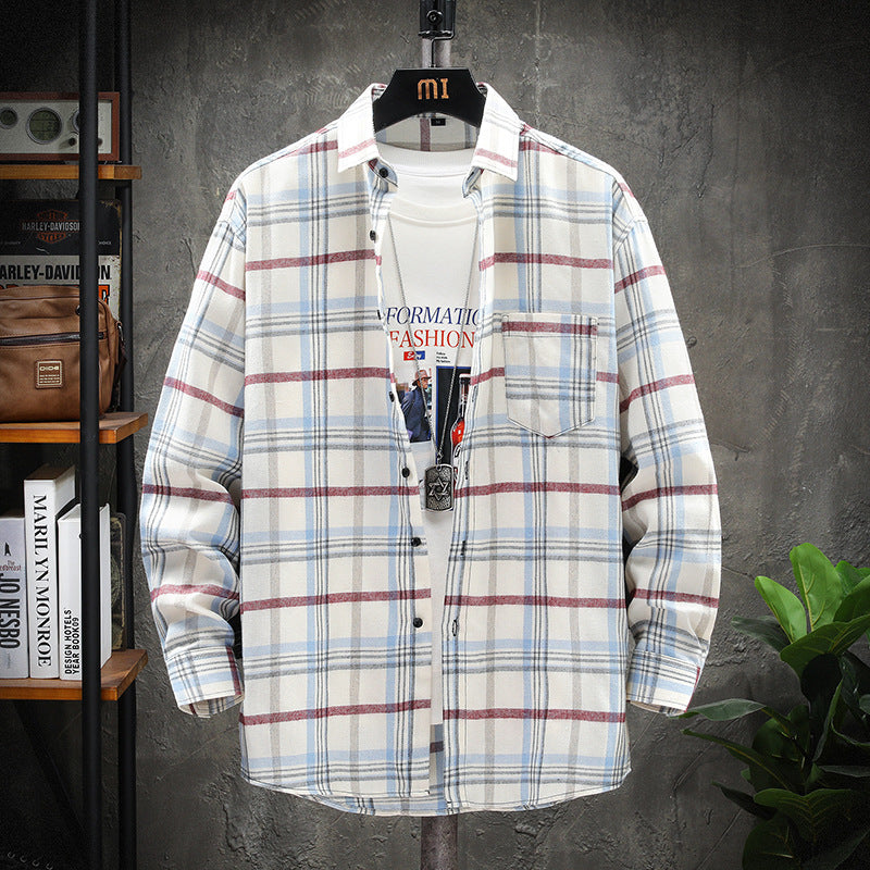 Men's Hong Kong Style Loose-Fit Plaid Long-Sleeve Shirt