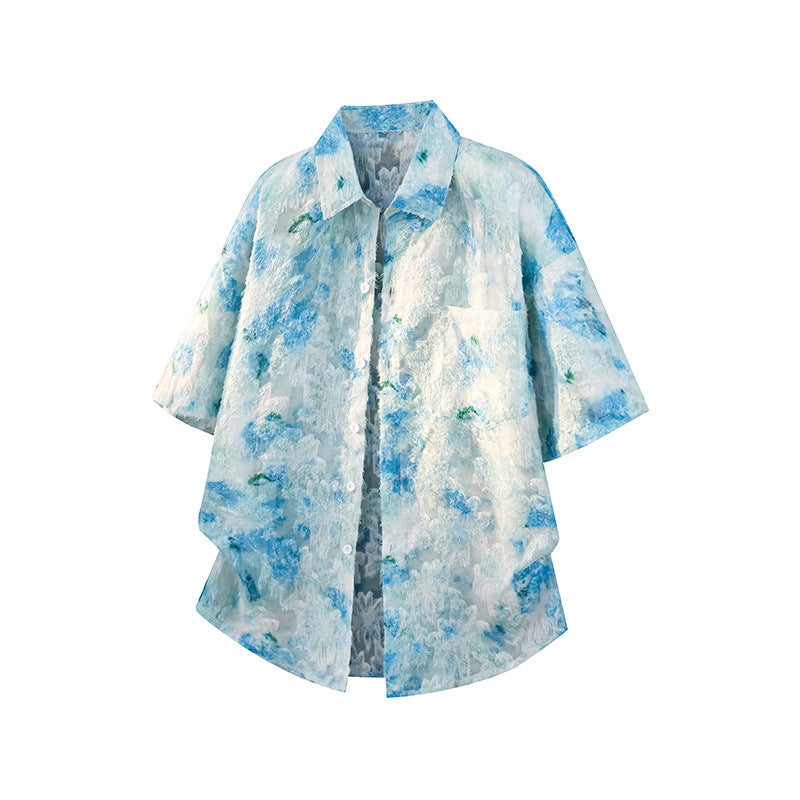 Men's American Retro Ice Silk Floral Shirt with Tassel Detail