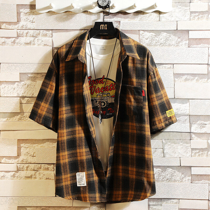 Men's 2026 Hong Kong Style Loose Plaid Short-Sleeved Shirt