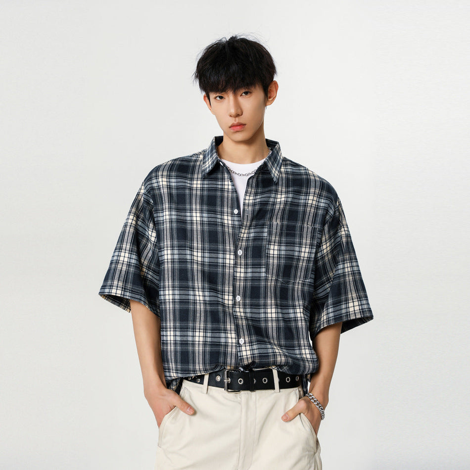 Men’s Summer Plaid Short-Sleeved Youth Casual Shirt