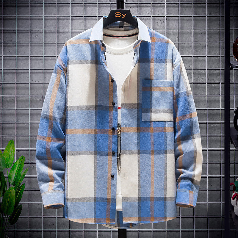 Men’s Brushed Cotton "Sanding" Plaid Long-Sleeve Shirt