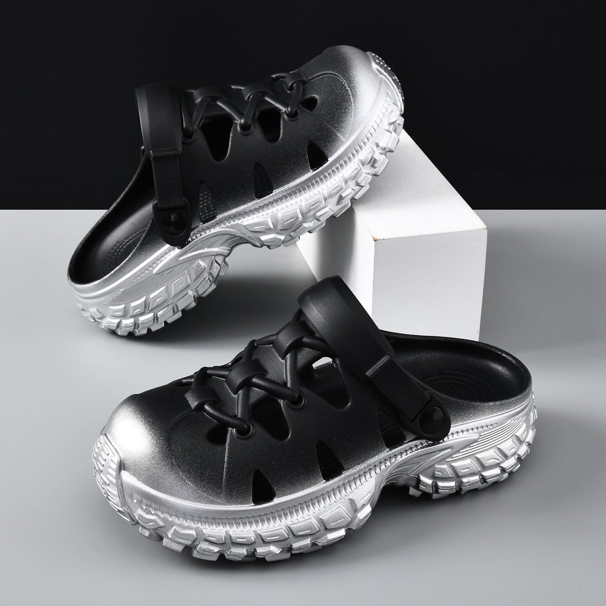 Black Silver casual sandals for men - open-toe footwear with comfortable cushioned footbed