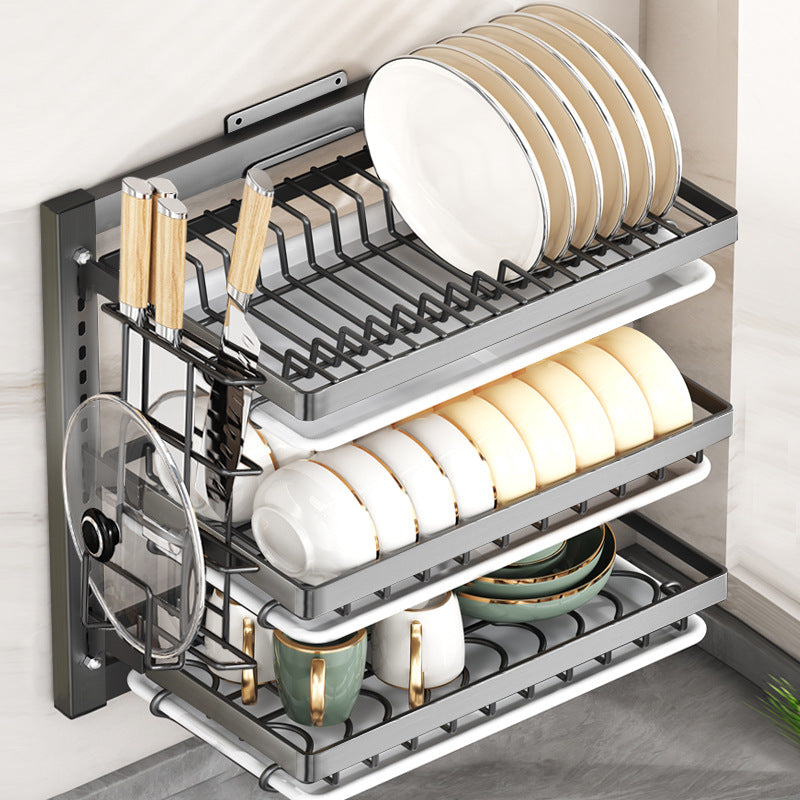 Wall-Mounted Carbon Steel Dish Drying Rack with Drain Tray