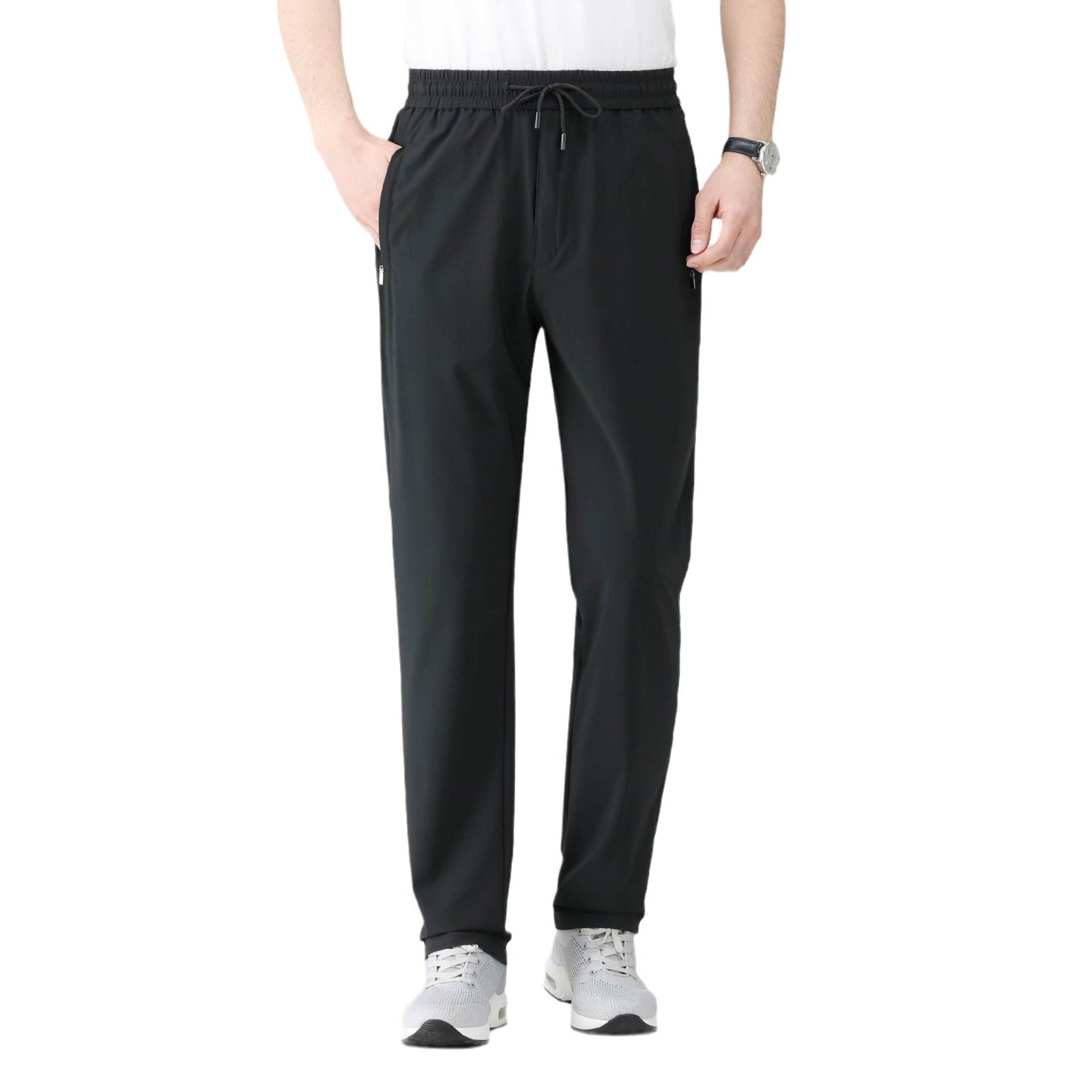 Black [Drawstring Style] men's trousers - slim fit casual pants with comfortable stretch fabric