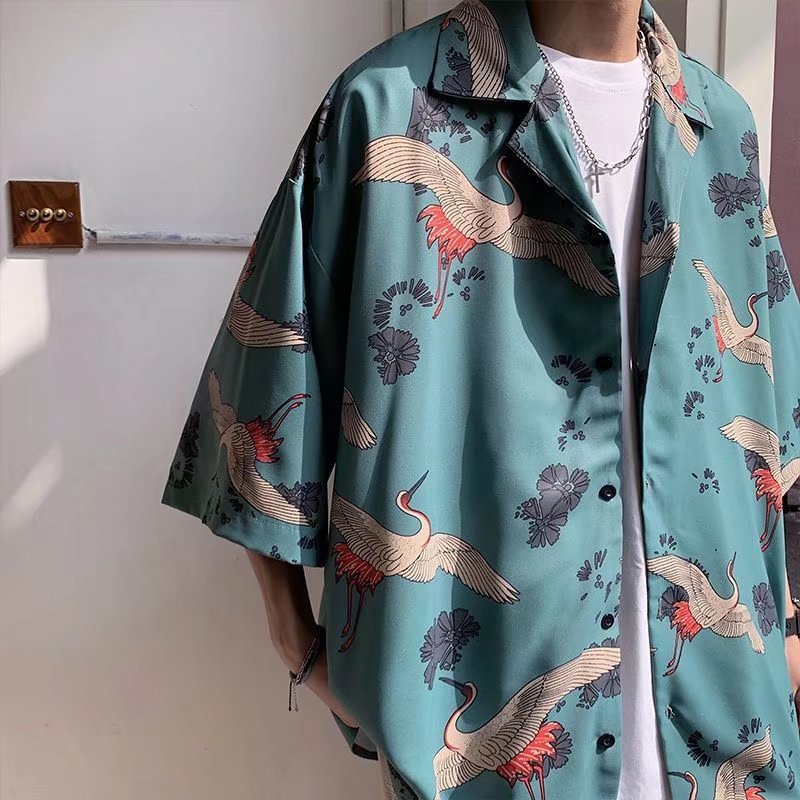 Men's Premium Crane Print Relaxed Summer Beach Shirt